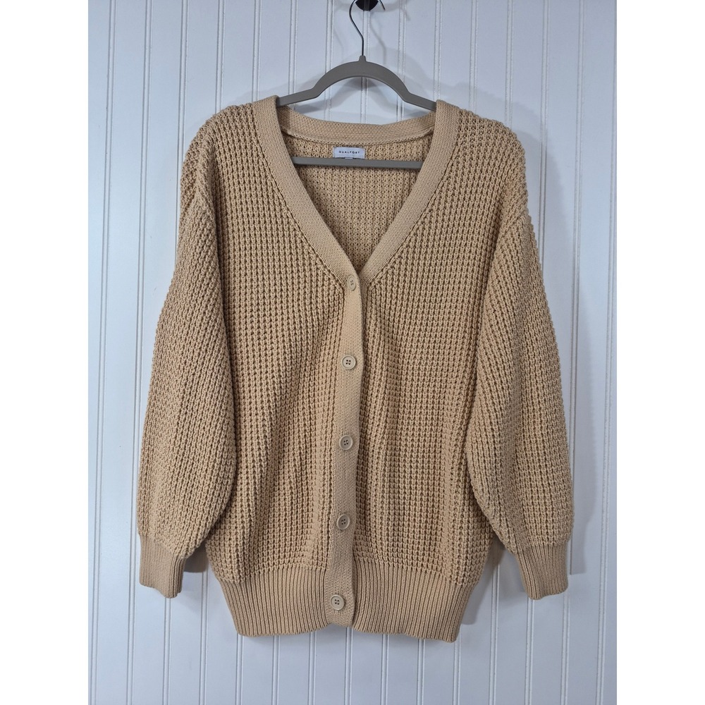 Qualfort Tan Beige Womens Chunky Knit V-Neck Button Front Cardigan Sweater M